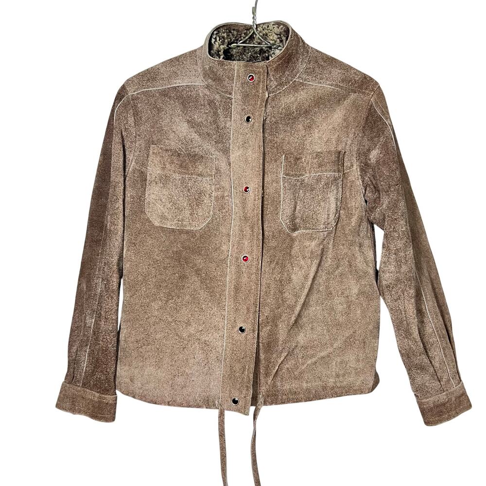 Vintage 70s Suede Jacket Size Medium Brown Snap Front Faux Fur Lining Grunge